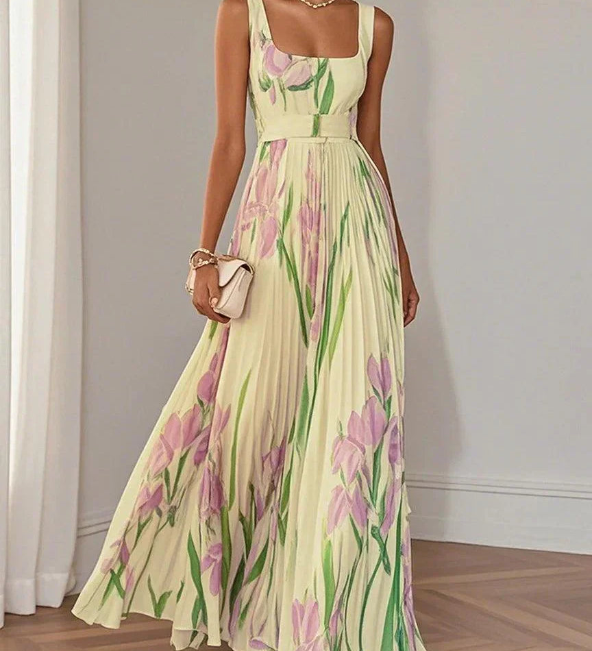 Nina - Vestido longo plissado floral