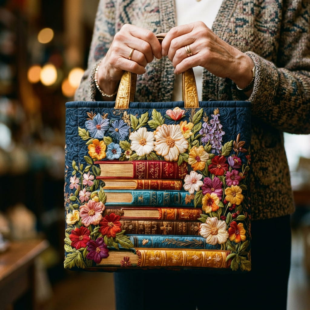 Moda Lusitana - Saco Tote Acolchoado com Flores e Livros