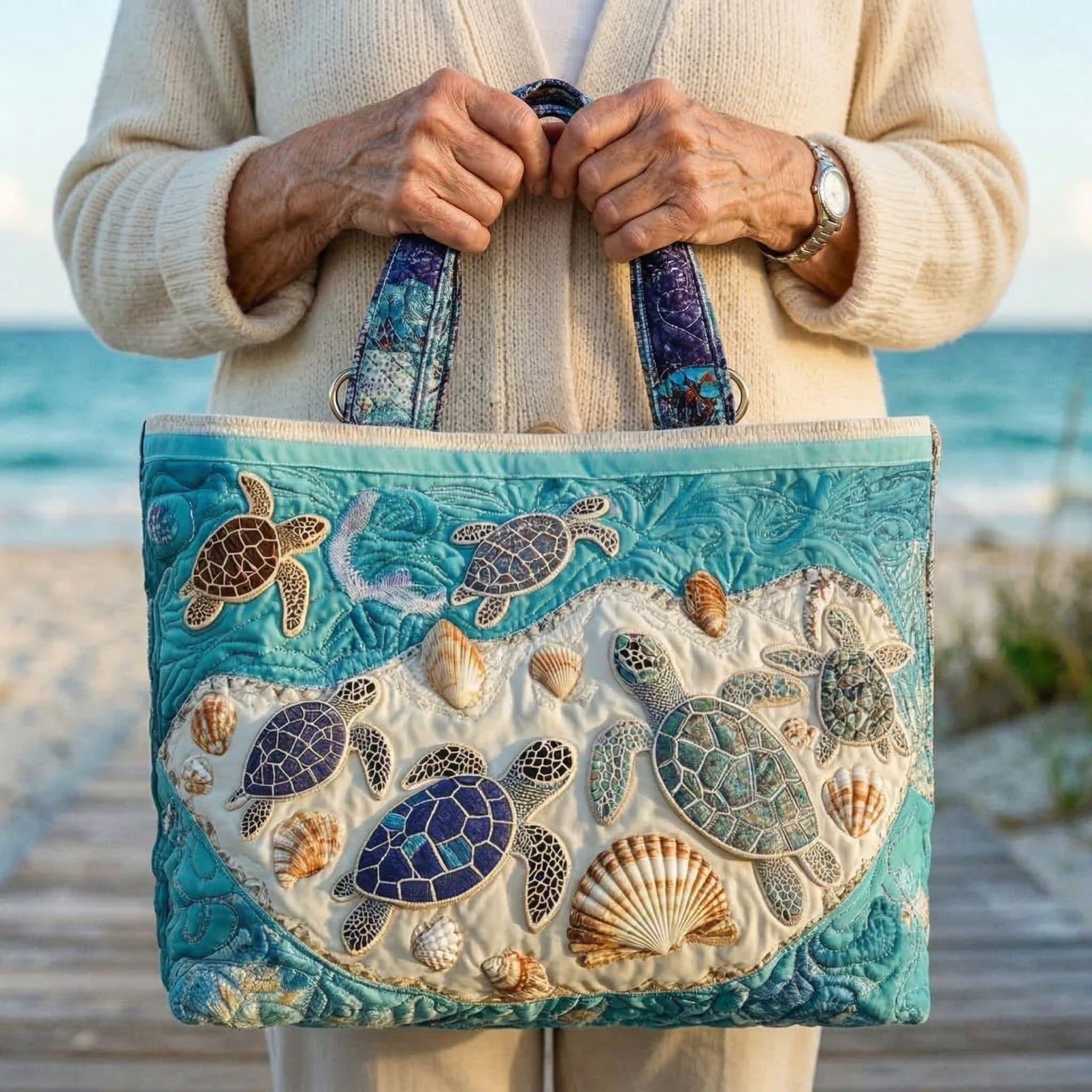 Moda Lusitana - Saco Tote Acolchoado com Padrão de Tartarugas