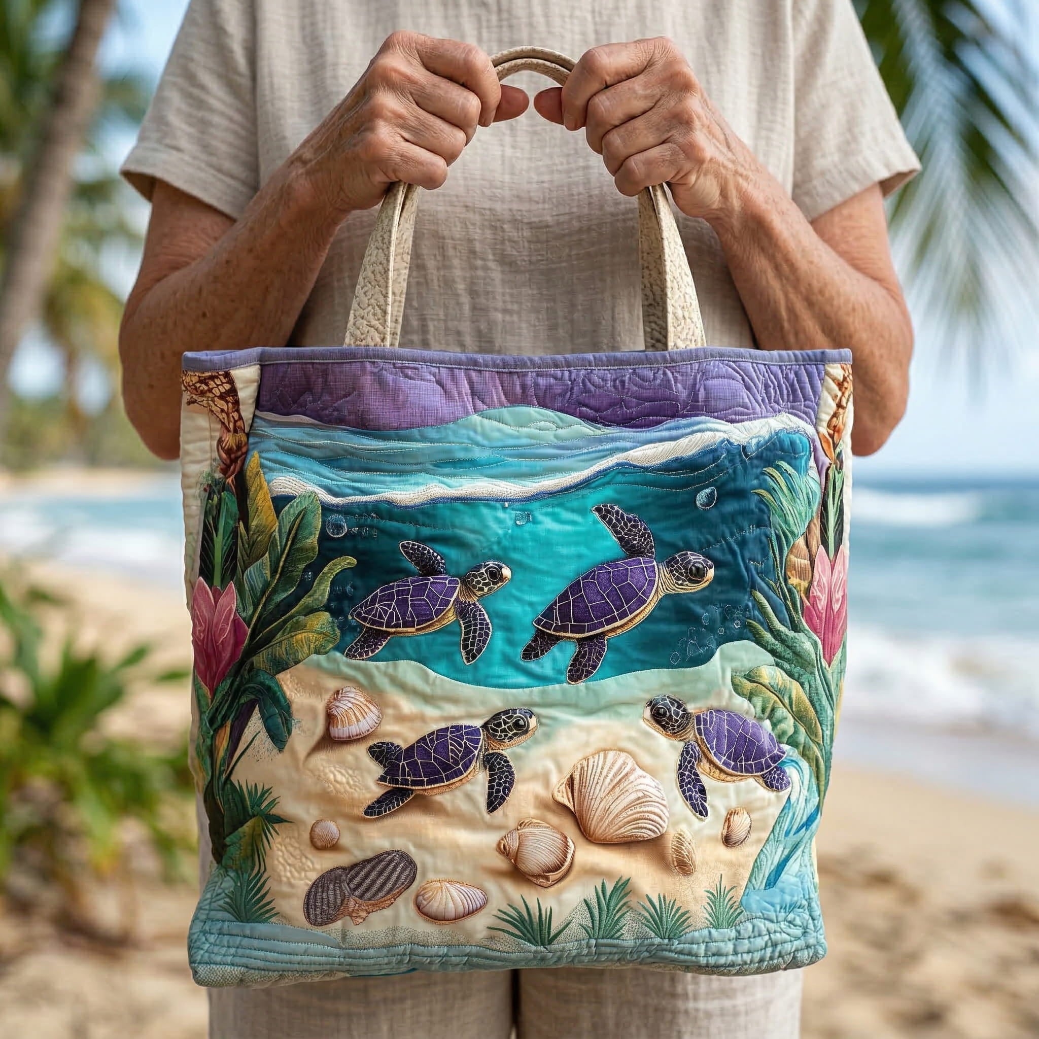 Moda Lusitana - Saco Tote Acolchoado com Padrão de Tartarugas