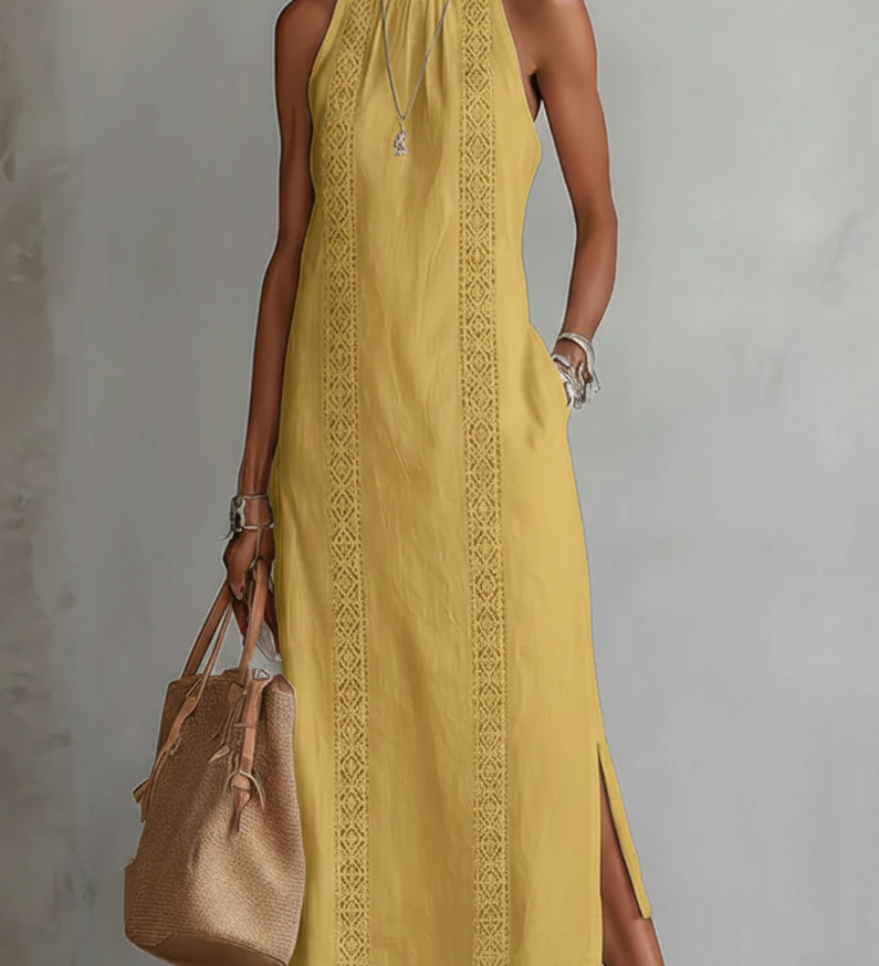 Moda Lusitana - Vestido midi de linho com gola mao