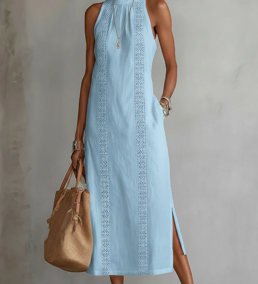 Moda Lusitana - Vestido midi de linho com gola mao