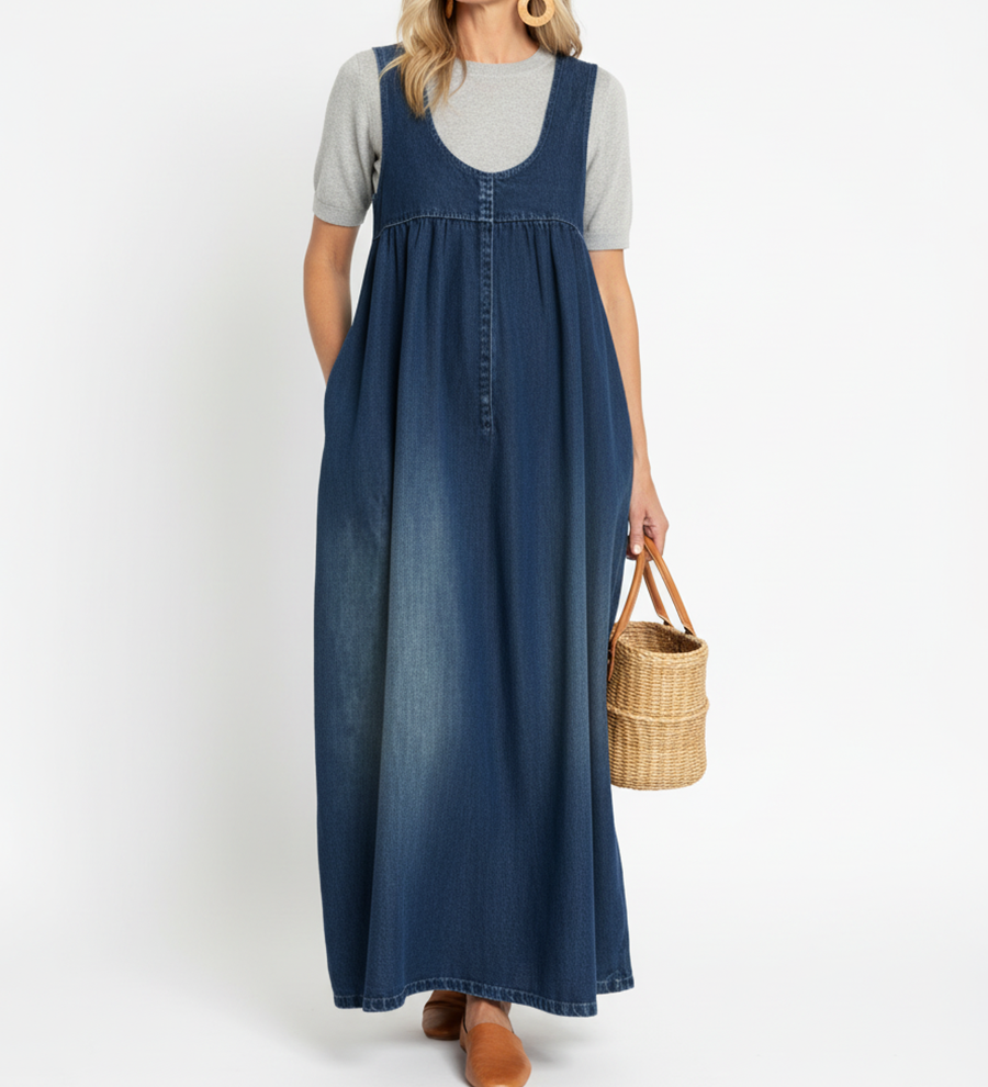 Moda Lusitana - Vestido maxi de ganga com lavagem vintage