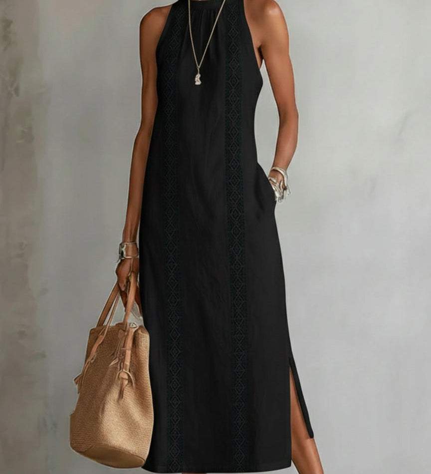 Moda Lusitana - Vestido midi de linho com gola mao