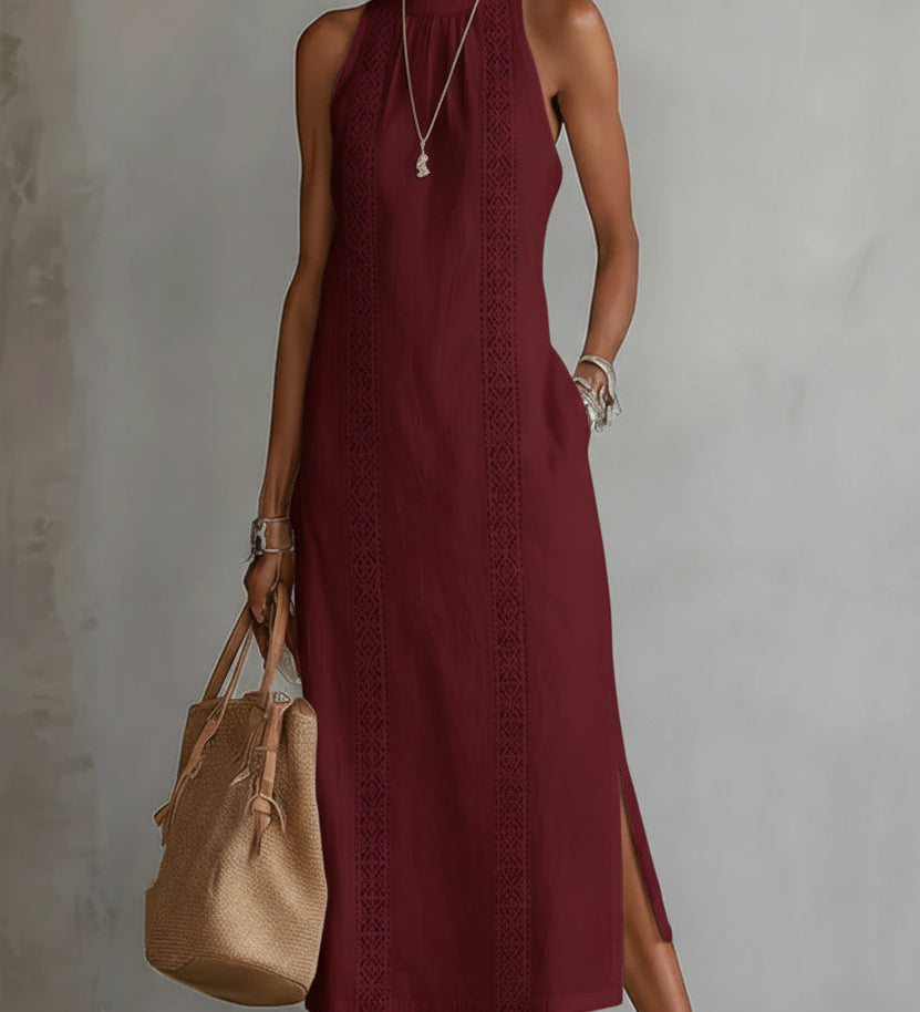 Moda Lusitana - Vestido midi de linho com gola mao