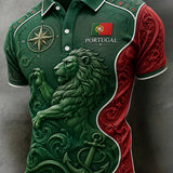 Camisa polo masculina com tema de futebol da seleção portuguesa, estampada em relevo com textura artística