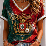 Camiseta feminina de futebol português com estampa e gola em V
