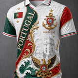 Camisa polo masculina com estampa artística em relevo e textura, ideal para torcer na partida de futebol de Portugal