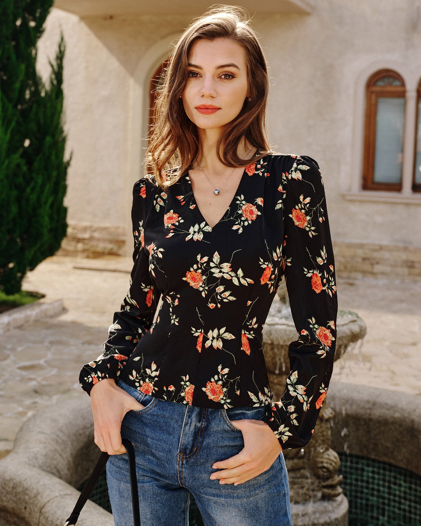 Women's Woven Polyester Blouses Black Tops - RIHOAS