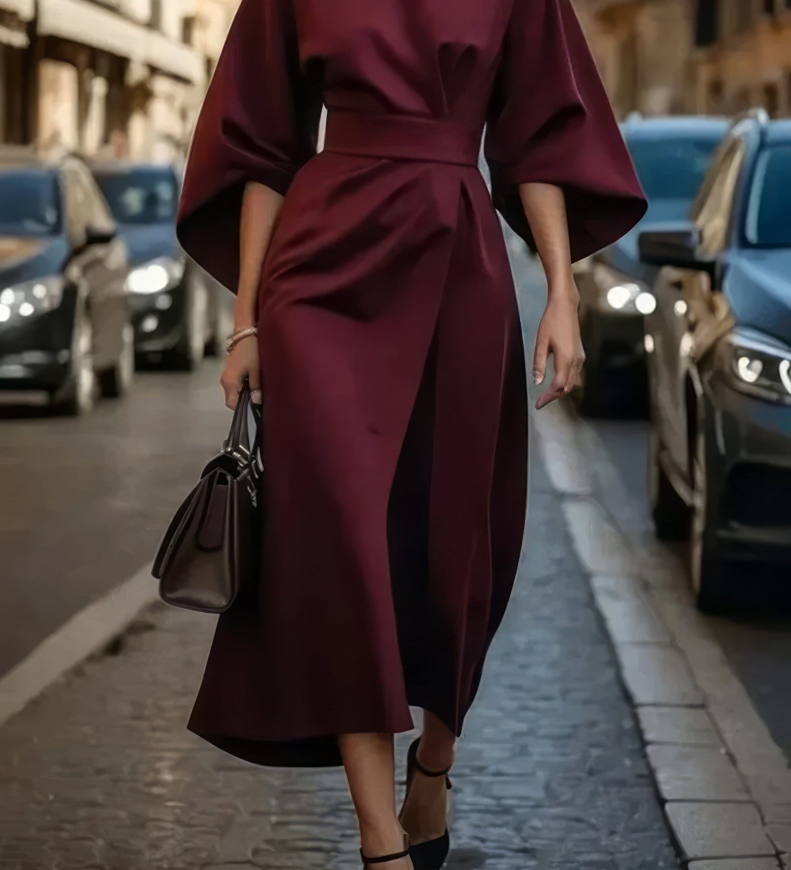 Margaret - Vestido elegante com mangas lanterna e cinto
