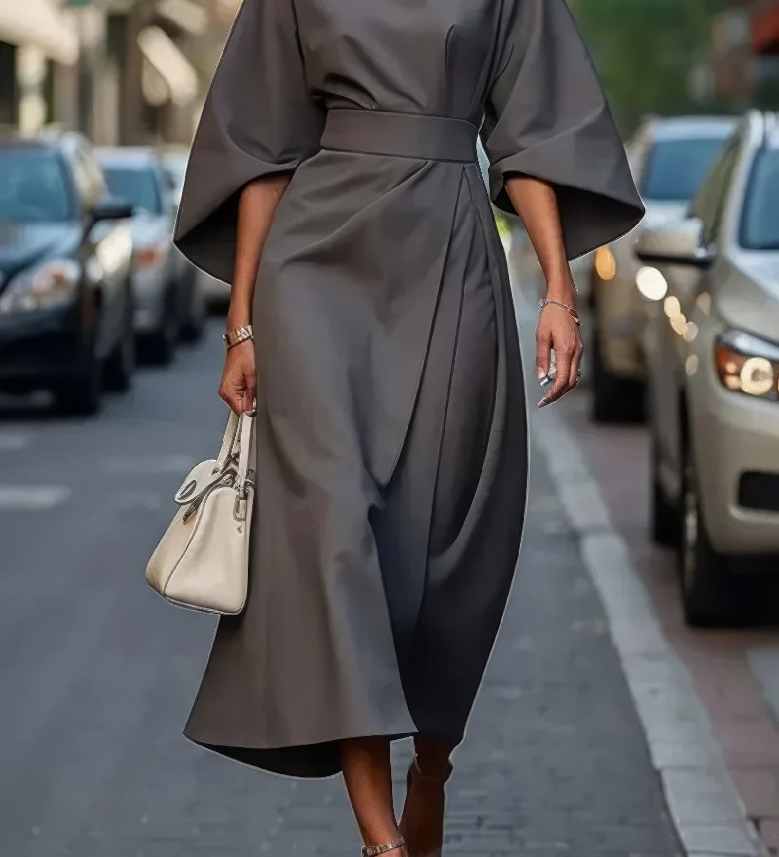 Margaret - Vestido elegante com mangas lanterna e cinto